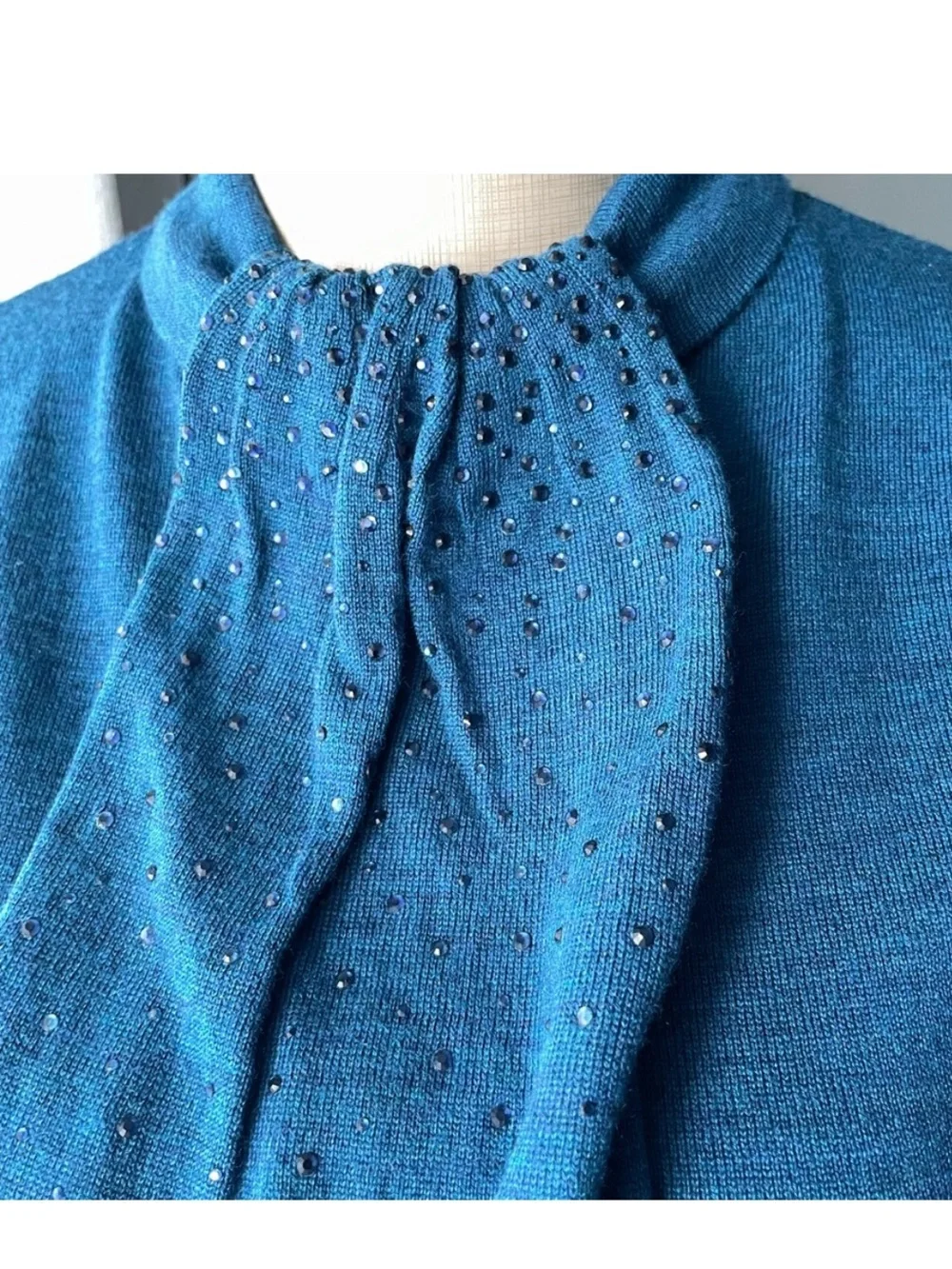 Tory Burch Abitha Wool Sweater with Silk Chiffon Sleeves & Beaded Pleat XS Teal